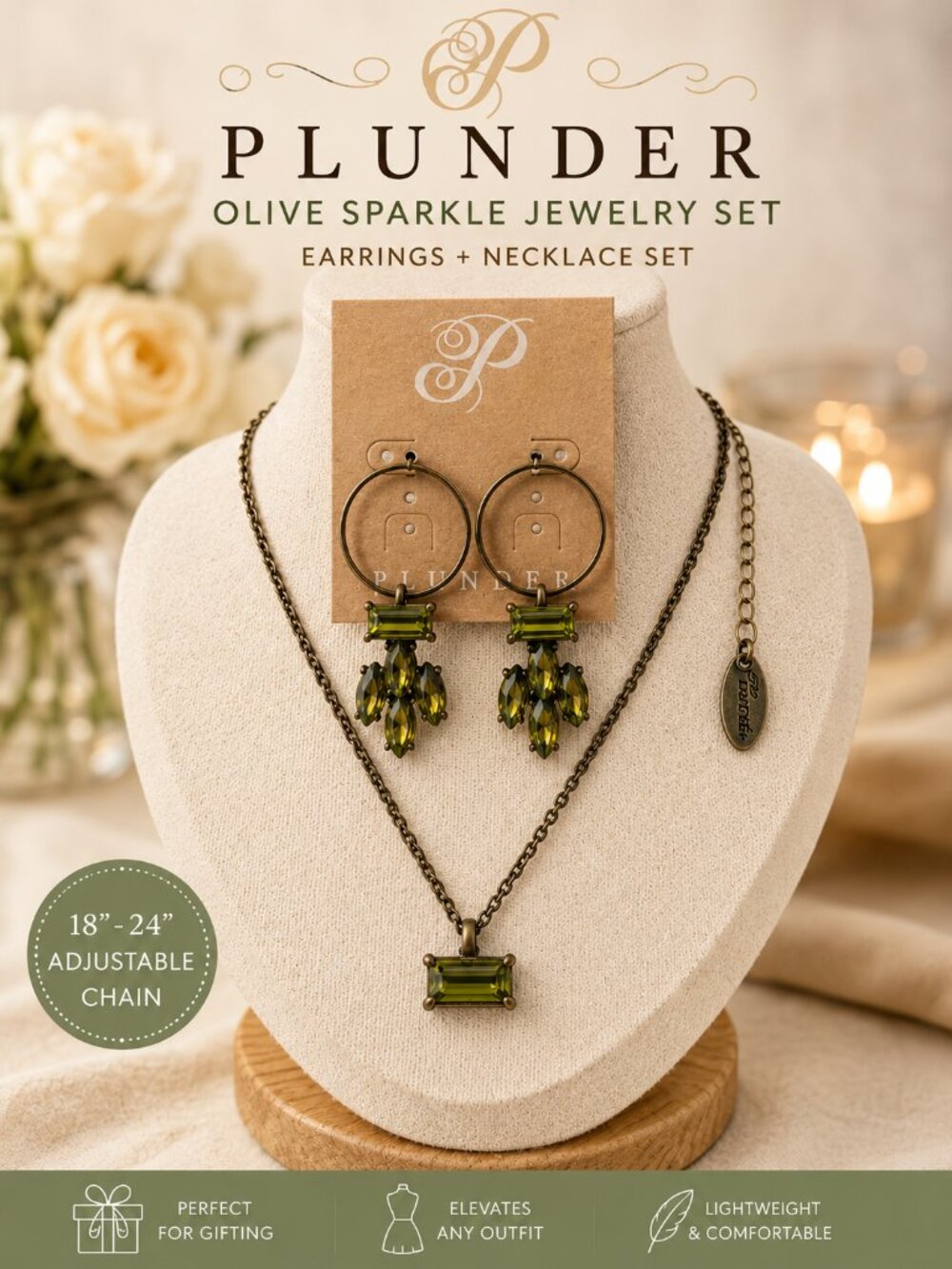 PLUNDER Olive Sparkle Necklace & Hoop Earrings Set Antique Bronze Green Crystal